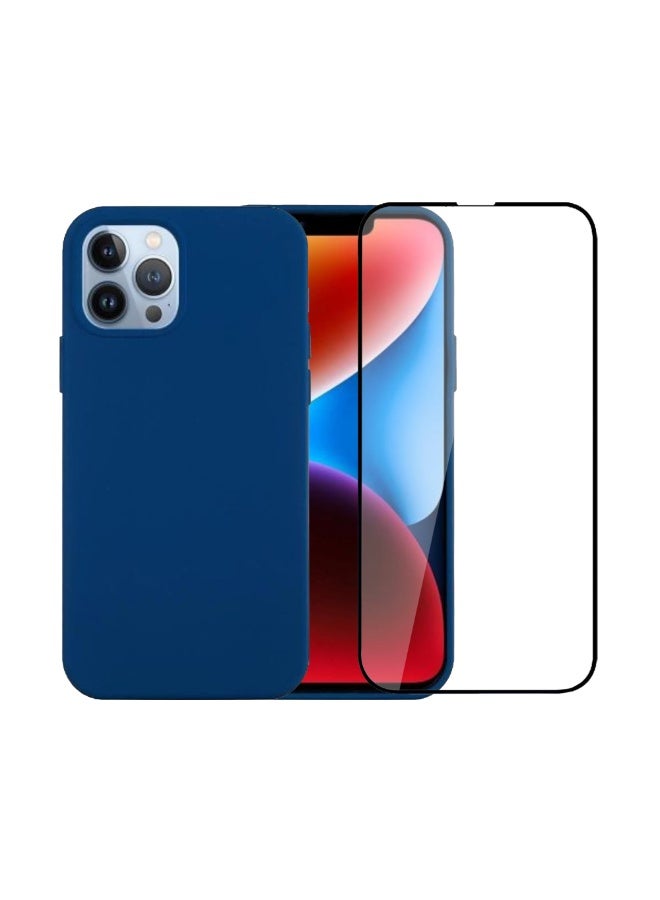 أكسسور  جراب سيليكون فاخر لهاتف iPhone 13 Pro مع واقي شاشة من الزجاج المقوى - حماية فائقة النحافة ومقاومة للصدمات مع بطانة من الألياف الدقيقة، طقم حماية فاخر للهاتف بتغطية كاملة ومقاومة للخدوش (أزرق) - Image 1