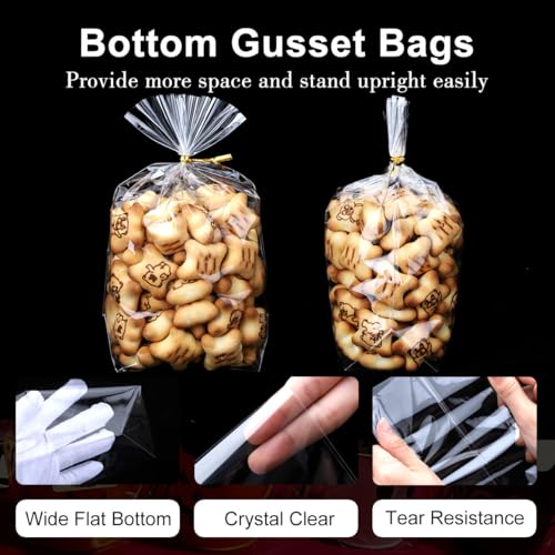 ZIMCEMS 100Pcs 5X7 inch Bottom Gusset Bags Clear Cellophane Gift Bags Plastic Gift Wrap Cello Bags for Party Favor Treats, Goodie,Bakery Cookie, Candy with 5" Twist Ties - Image 3