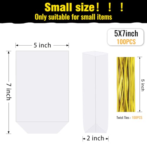 ZIMCEMS 100Pcs 5X7 inch Bottom Gusset Bags Clear Cellophane Gift Bags Plastic Gift Wrap Cello Bags for Party Favor Treats, Goodie,Bakery Cookie, Candy with 5" Twist Ties - Image 2