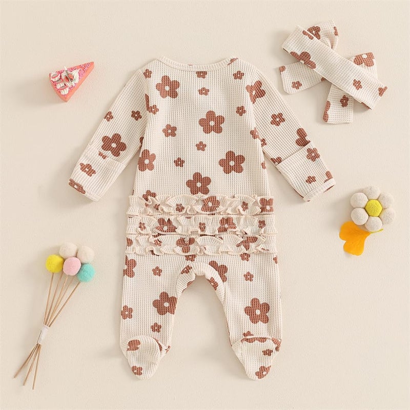 Ayalinggo Newborn Baby Girl Fall Winter Outfits Clothes Knit Jumpsuit Ruffle Romper Newborn Coming Home Outfit for Baby Girl (3-6 Months,Flower Knit Cream) - Image 3