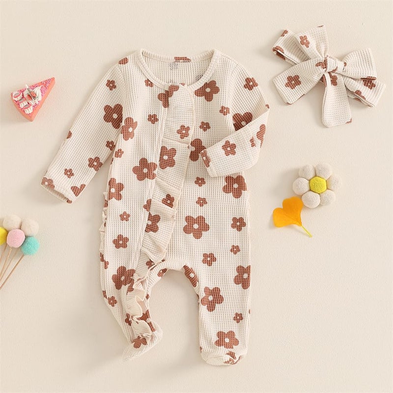 Ayalinggo Newborn Baby Girl Fall Winter Outfits Clothes Knit Jumpsuit Ruffle Romper Newborn Coming Home Outfit for Baby Girl (3-6 Months,Flower Knit Cream) - Image 2