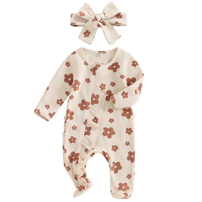 Ayalinggo Newborn Baby Girl Fall Winter Outfits Clothes Knit Jumpsuit Ruffle Romper Newborn Coming Home Outfit for Baby Girl (3-6 Months,Flower Knit Cream) - Image 1