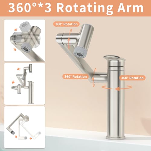 SINGSUO 1080°Rotatable Bathroom Vanity Faucet 1 Hole, Height Adjustable Single Handle Sink Faucet Bathroom with 2 Water Outlet Modes, Bar Sink Tap with Temperature Display (Brushed Nickel) - Image 2