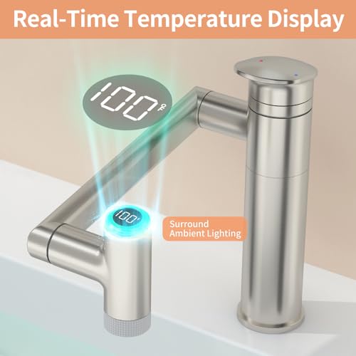 SINGSUO 1080°Rotatable Bathroom Vanity Faucet 1 Hole, Height Adjustable Single Handle Sink Faucet Bathroom with 2 Water Outlet Modes, Bar Sink Tap with Temperature Display (Brushed Nickel) - Image 3