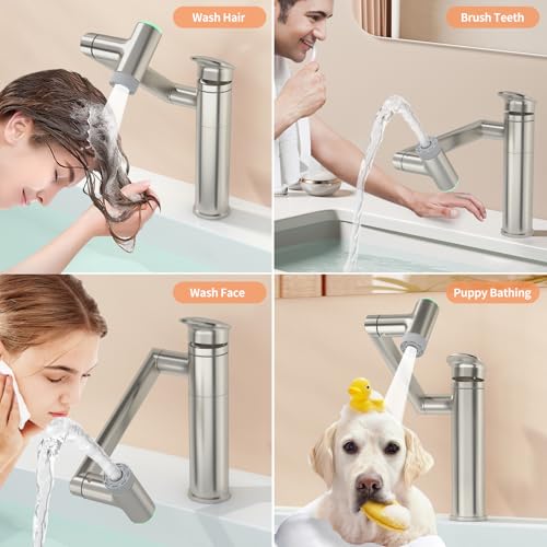 SINGSUO 1080°Rotatable Bathroom Vanity Faucet 1 Hole, Height Adjustable Single Handle Sink Faucet Bathroom with 2 Water Outlet Modes, Bar Sink Tap with Temperature Display (Brushed Nickel) - Image 4