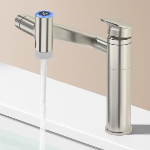 SINGSUO 1080°Rotatable Bathroom Vanity Faucet 1 Hole, Height Adjustable Single Handle Sink Faucet Bathroom with 2 Water Outlet Modes, Bar Sink Tap with Temperature Display (Brushed Nickel) - Image 1