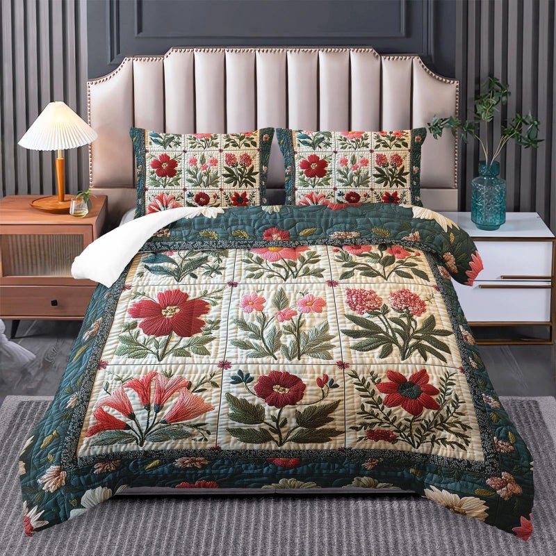 Tuzaovy Flower Print Comforter Bedding Set Twin Size,Soft Floral Plant Retro Quilts Twin for Adults,Floral Green Quilt Bedding Set Bedroom Decor,Cute Flower Plant Pattern Comforter Room Decor - Image 1