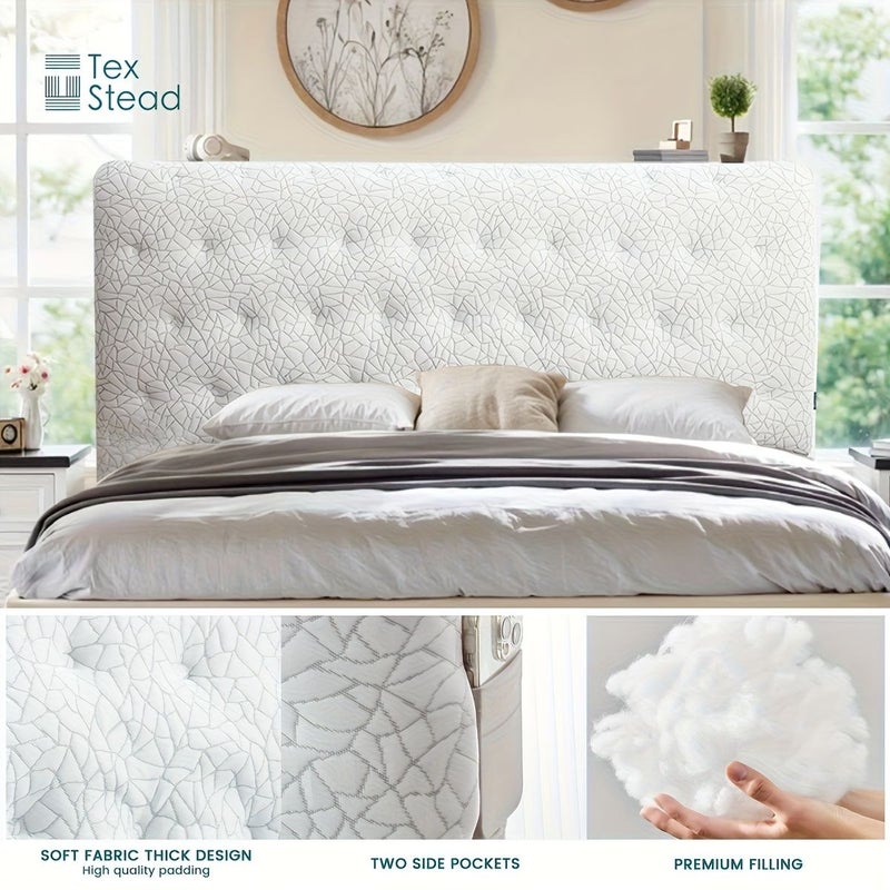 1pc Machine Washable White Stretch Headboard Cover Breathable Polyester Bed Slipcover With Non Slip Padding Diamond Design For Most Bed Frames 62 99 x 27 56 Inch Easy Care Fabric Protector Elegant Modern Bedroom Decor - Image 5