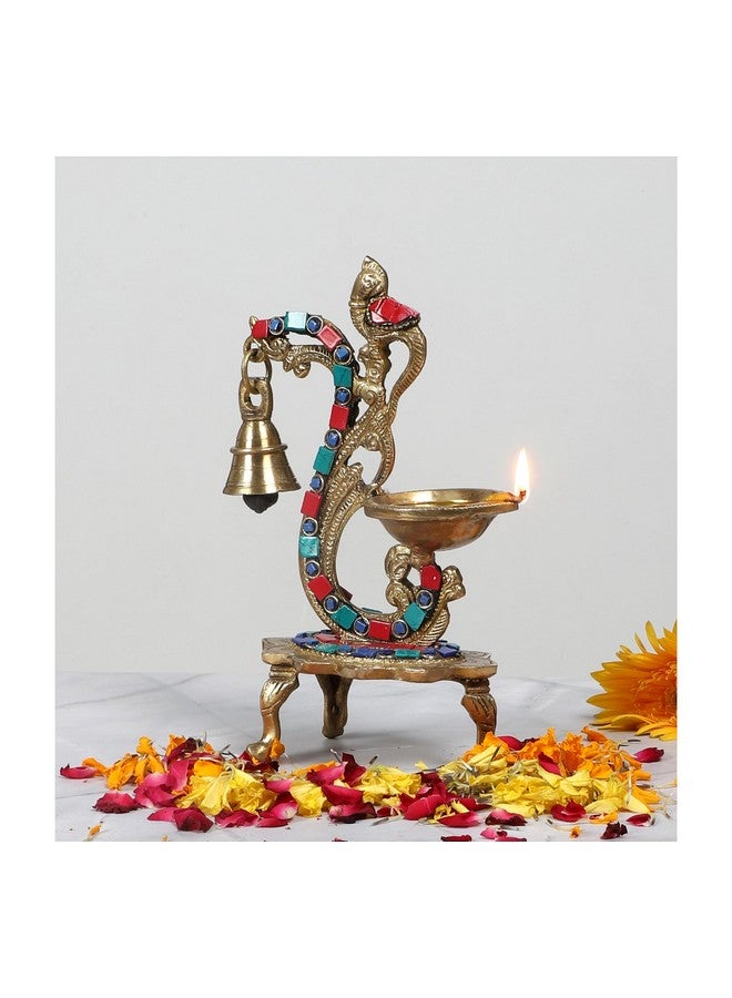 Two Moustaches Two Moustaches Gemstone Work Ethnic Carved Peacock Design Brass Diya with Bell, Brass Antique Oil Lamp, Brass Diyas for Home, Size - 8 Inches, Standard, Pack of 1 - Image 1