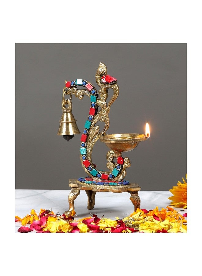 Two Moustaches Two Moustaches Gemstone Work Ethnic Carved Peacock Design Brass Diya with Bell, Brass Antique Oil Lamp, Brass Diyas for Home, Size - 8 Inches, Standard, Pack of 1 - Image 3