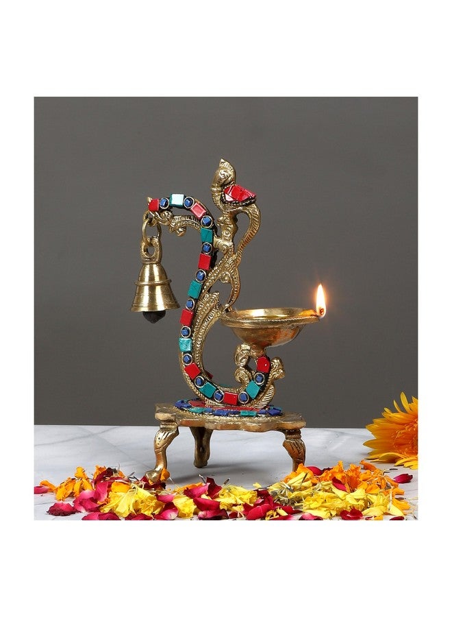 Two Moustaches Two Moustaches Gemstone Work Ethnic Carved Peacock Design Brass Diya with Bell, Brass Antique Oil Lamp, Brass Diyas for Home, Size - 8 Inches, Standard, Pack of 1 - Image 5