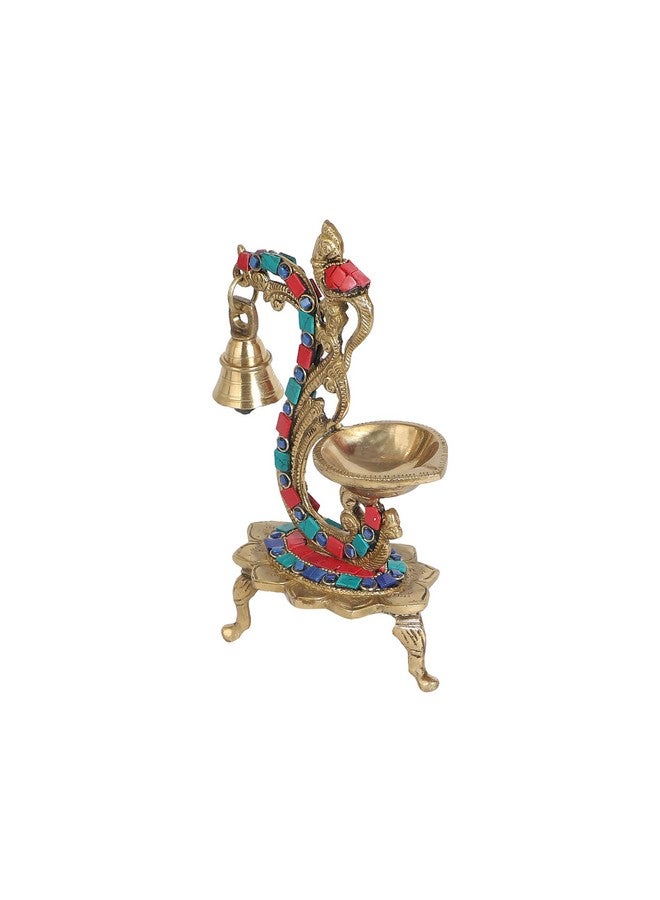 Two Moustaches Two Moustaches Gemstone Work Ethnic Carved Peacock Design Brass Diya with Bell, Brass Antique Oil Lamp, Brass Diyas for Home, Size - 8 Inches, Standard, Pack of 1 - Image 4
