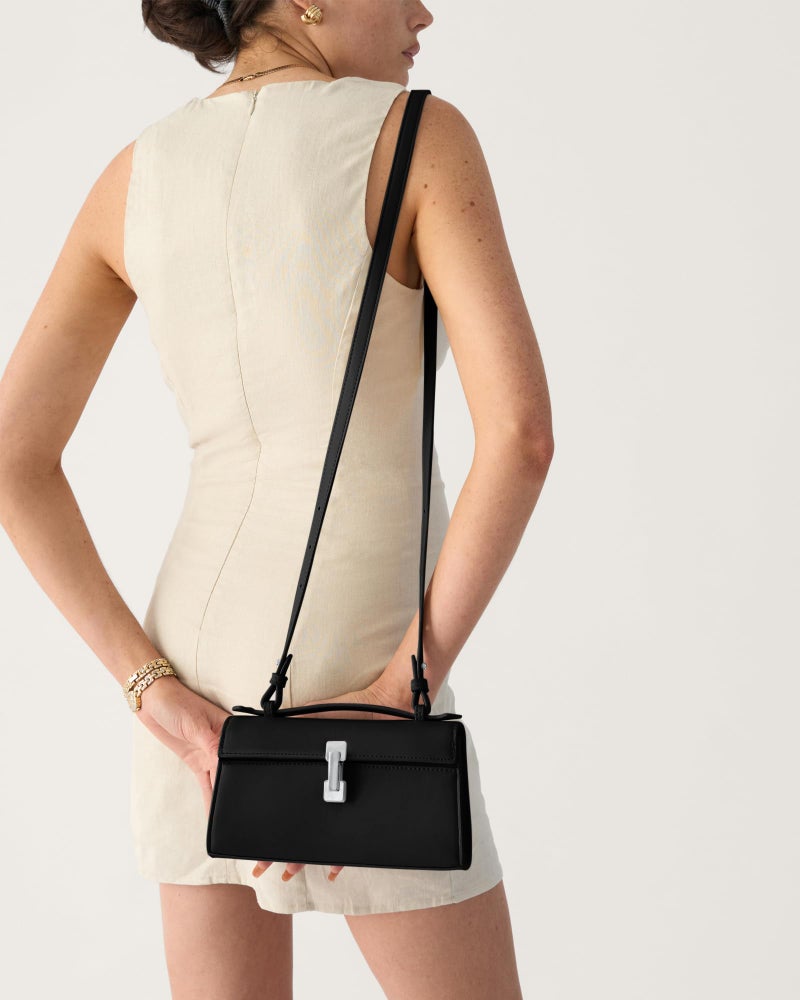 Apryl Clutch Purses for Women - Small Evening Bag - Trendy Top Handle Purse - Adjustable Crossbody Handbag PU Leather - Black Silver Hardware - Image 3
