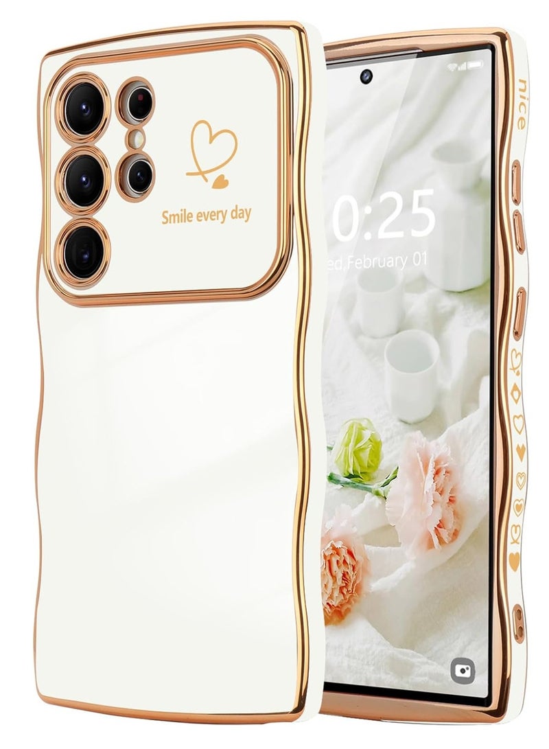 Mmmon Compatible withSamsung Galaxy S24 Ultra Case for Women Girls,Wave Frame Curly Shape with Love Heart Raised Camera Protection Cover Luxury Plating Shockproof Phone Case for Galaxy S24 Ultra 5G,White - Image 1