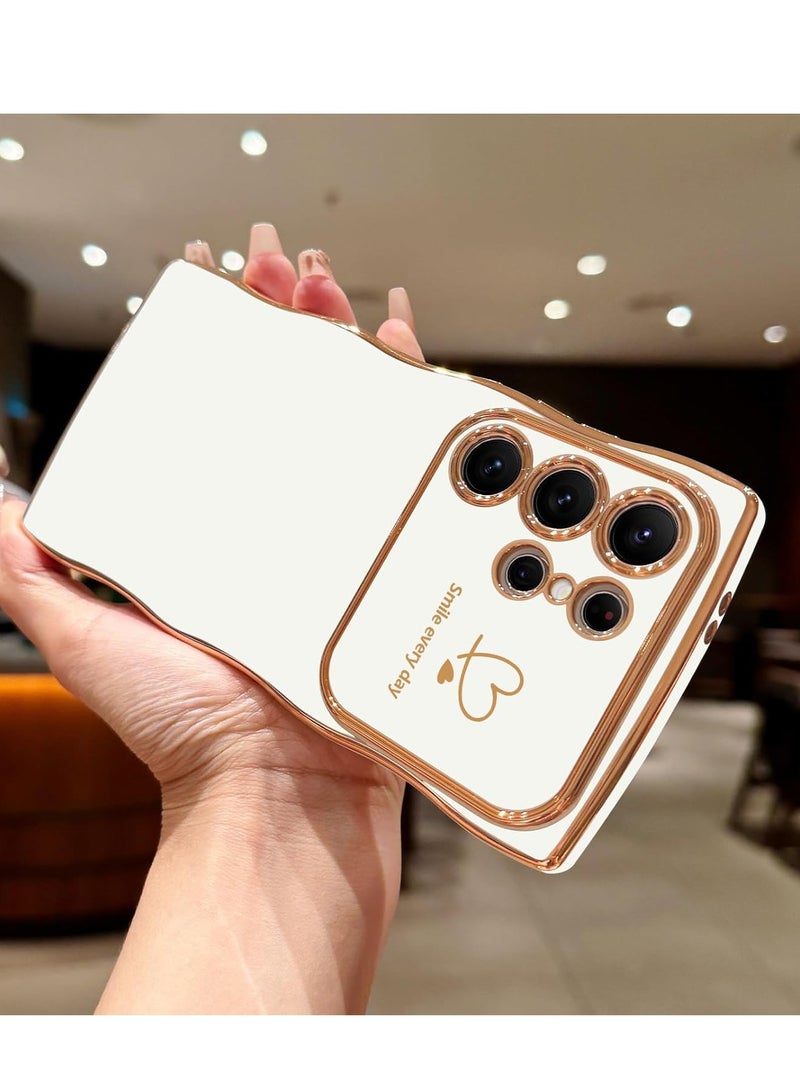 Mmmon Compatible withSamsung Galaxy S24 Ultra Case for Women Girls,Wave Frame Curly Shape with Love Heart Raised Camera Protection Cover Luxury Plating Shockproof Phone Case for Galaxy S24 Ultra 5G,White - Image 2