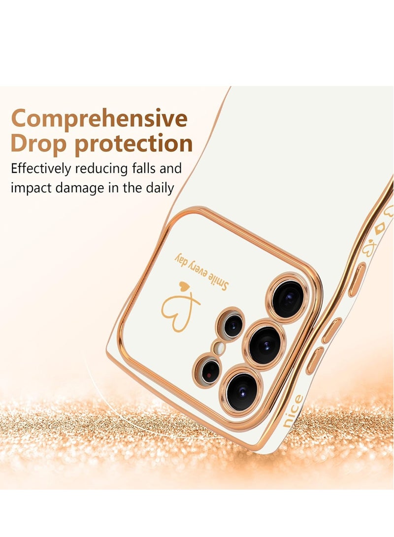 Mmmon Compatible withSamsung Galaxy S24 Ultra Case for Women Girls,Wave Frame Curly Shape with Love Heart Raised Camera Protection Cover Luxury Plating Shockproof Phone Case for Galaxy S24 Ultra 5G,White - Image 3
