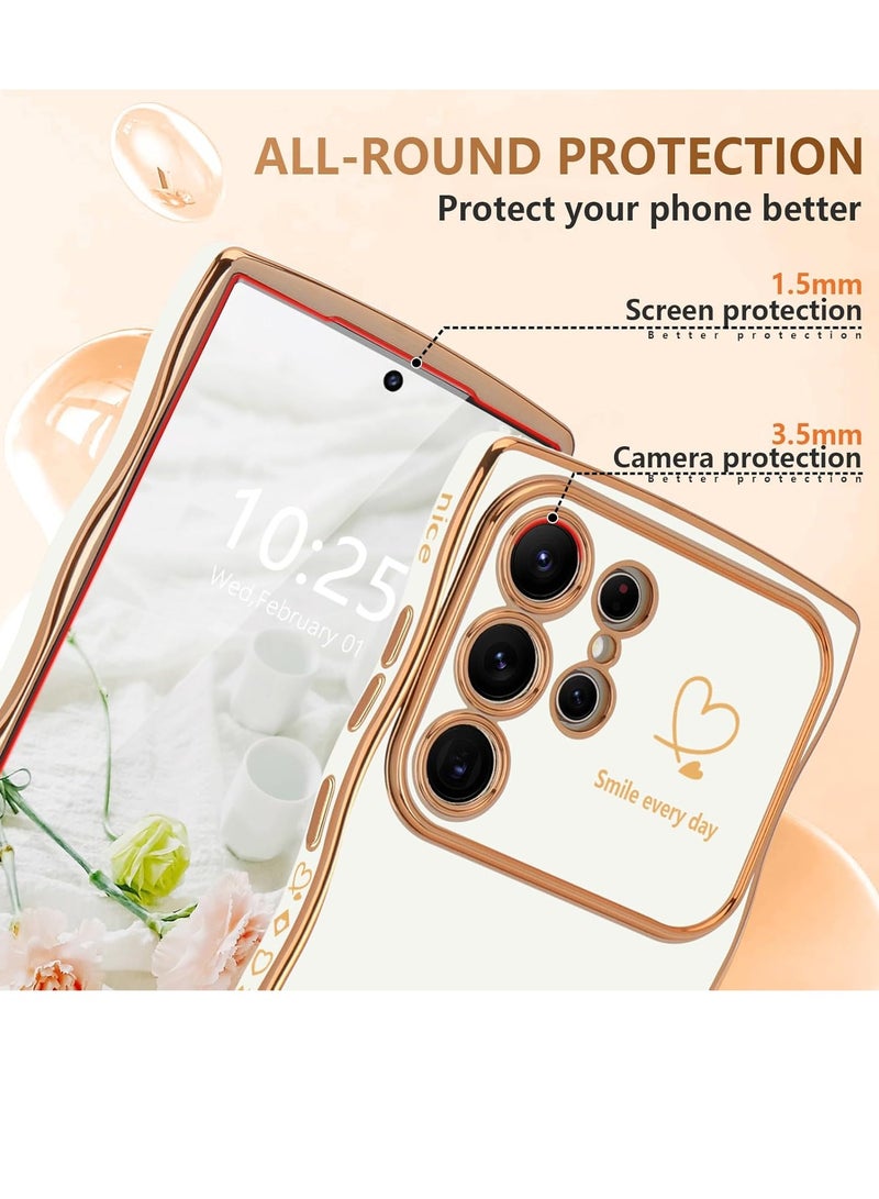Mmmon Compatible withSamsung Galaxy S24 Ultra Case for Women Girls,Wave Frame Curly Shape with Love Heart Raised Camera Protection Cover Luxury Plating Shockproof Phone Case for Galaxy S24 Ultra 5G,White - Image 4