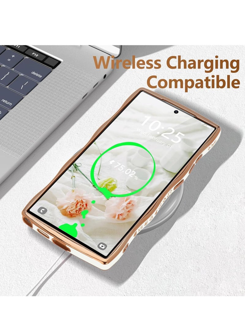 Mmmon Compatible withSamsung Galaxy S24 Ultra Case for Women Girls,Wave Frame Curly Shape with Love Heart Raised Camera Protection Cover Luxury Plating Shockproof Phone Case for Galaxy S24 Ultra 5G,White - Image 5