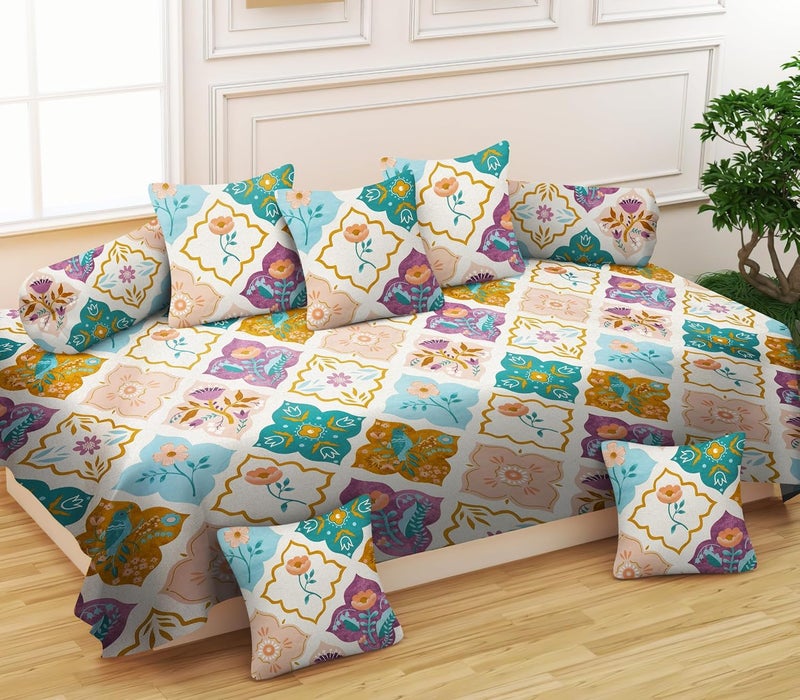 RUSTIC LINEN Diwan Set Cotton 8 Pc Deewan Printed Bedsheet Sets for Living Room Hall 1Bed Sheet 60x90 Inch 2Bolster Cover 16x32 Inch 5Cushion Cover 16x16 Inch Pink - Image 1