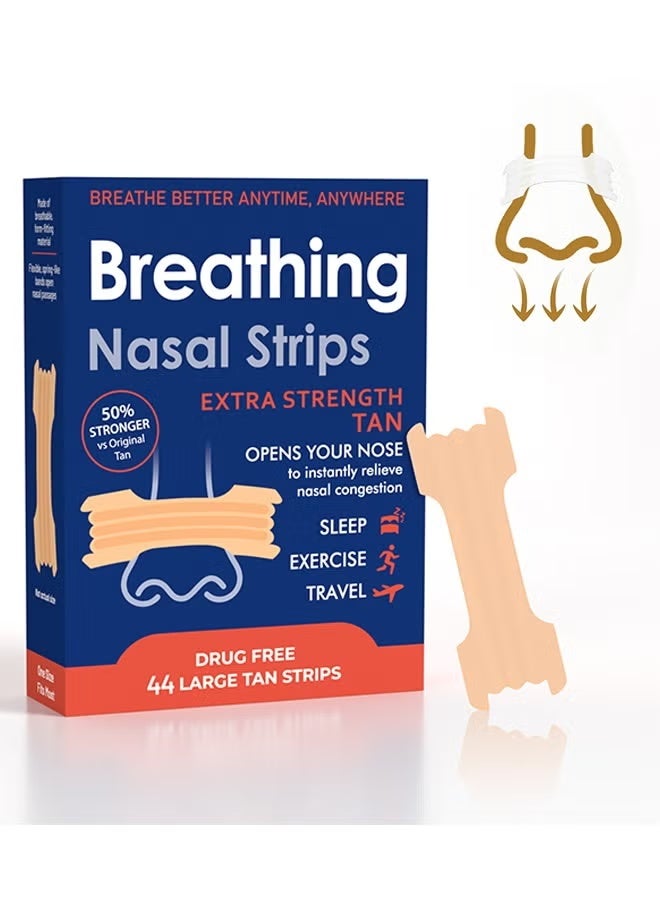 Breathe Right طقم شرائط أنف مضادة للشخير 44 قطعة - تنفس أفضل - تخفيف الشخير والاحتقان مجانًا - تقليل الشخير، تحسين جودة النوم - مقاومة للعرق، للاستخدام نهارًا وليلاً - لون البشرة - Image 1