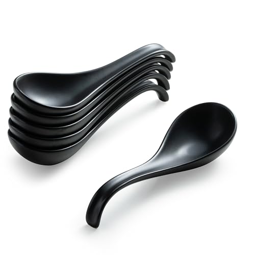 Gomakren Asian Soup Spoons 65 Inch Ceramic Chinese Soup Spoons for Cereal Ramen Pho Noodles Stews Fathers Day Black Kitchen Spoons with Long Handle and Deep Oval Design Set of 6 - Image 1