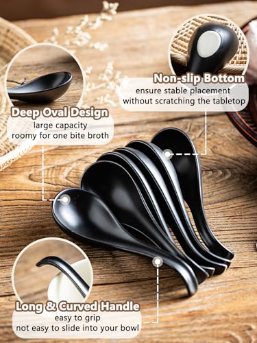 Gomakren Asian Soup Spoons 65 Inch Ceramic Chinese Soup Spoons for Cereal Ramen Pho Noodles Stews Fathers Day Black Kitchen Spoons with Long Handle and Deep Oval Design Set of 6 - Image 3