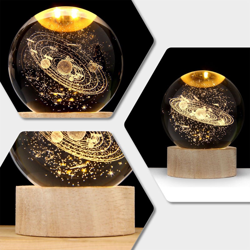 3D Crystal Ball with Warm Light Wooden Base Small Night Light Desktop Decoration Ornaments Holiday Gift USB Plug and Play - Image 2
