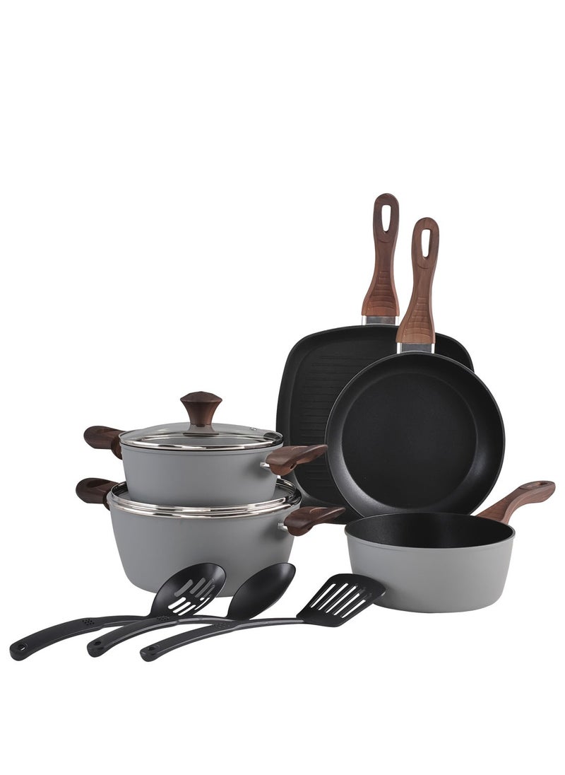 ايست من نون 10 Piece Cookware Set Aluminum Pots And Pans, Non-Stick Surface with Wood Finish Handles, 1x24cm Frypan, 1x28cm Grillpan, 1x20cm Saucepan, 1x20cm Casserole with Tempered Glass Lid, 1x24cm Casserole with Tempered Glass Lid, Ladle, Skimmer and Slotted - Dark Grey  - Image 1
