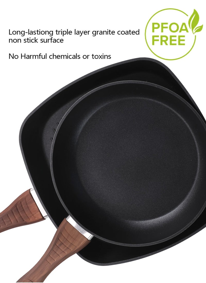 ايست من نون 10 Piece Cookware Set Aluminum Pots And Pans, Non-Stick Surface with Wood Finish Handles, 1x24cm Frypan, 1x28cm Grillpan, 1x20cm Saucepan, 1x20cm Casserole with Tempered Glass Lid, 1x24cm Casserole with Tempered Glass Lid, Ladle, Skimmer and Slotted - Dark Grey  - Image 2