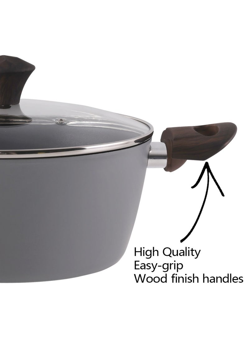 ايست من نون 10 Piece Cookware Set Aluminum Pots And Pans, Non-Stick Surface with Wood Finish Handles, 1x24cm Frypan, 1x28cm Grillpan, 1x20cm Saucepan, 1x20cm Casserole with Tempered Glass Lid, 1x24cm Casserole with Tempered Glass Lid, Ladle, Skimmer and Slotted - Dark Grey  - Image 3