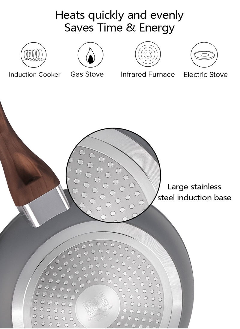 ايست من نون 10 Piece Cookware Set Aluminum Pots And Pans, Non-Stick Surface with Wood Finish Handles, 1x24cm Frypan, 1x28cm Grillpan, 1x20cm Saucepan, 1x20cm Casserole with Tempered Glass Lid, 1x24cm Casserole with Tempered Glass Lid, Ladle, Skimmer and Slotted - Dark Grey  - Image 4