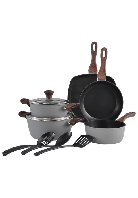 10 Piece Cookware Set Aluminum Pots And Pans, Non-Stick Surface with Wood Finish Handles, 1x24cm Frypan, 1x28cm Grillpan, 1x20cm Saucepan, 1x20cm Casserole with Tempered Glass Lid, 1x24cm Casserole with Tempered Glass Lid, Ladle, Skimmer and Slotted - Dark Grey