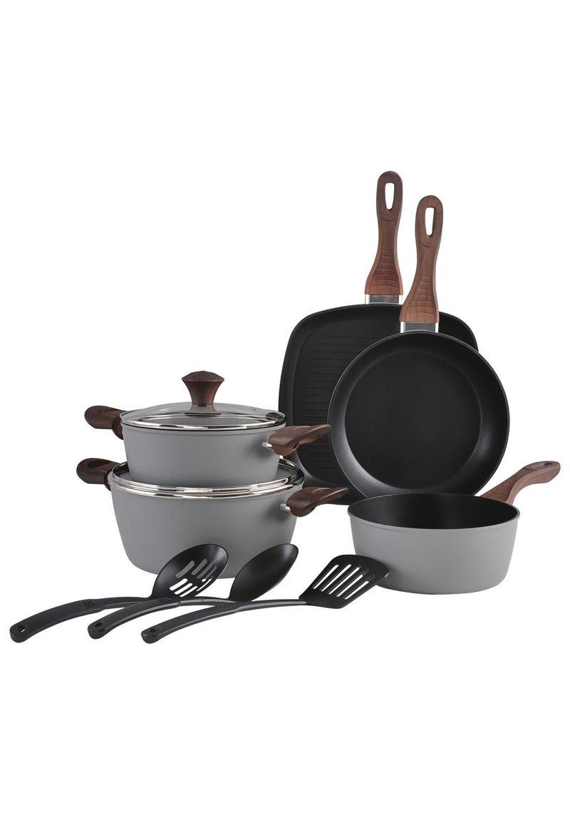 ايست من نون طقم أواني طهي من 10 قطع، مصنوع من أواني ومقالي ألومنيوم، سطح غير لاصق بمقابض خشبية، مقلاة 1×24 سم، مقلاة شواء 1×28 سم، قدر صلصة 1×20 سم، طاجن 1×20 سم بغطاء من الزجاج المقوى، طاجن 1×24 سم بغطاء من الزجاج المقوى، مغرفة، مقشدة ومثقب - رمادي غامق - Image 1