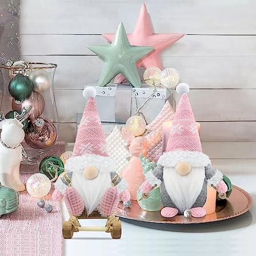 Gehydy Set of 3 Christmas Gnomes Decorations Handmade Sled Gnome Xmas Decor for Home Kitchen Farmhouse Tiered Tray - Pink - Image 5