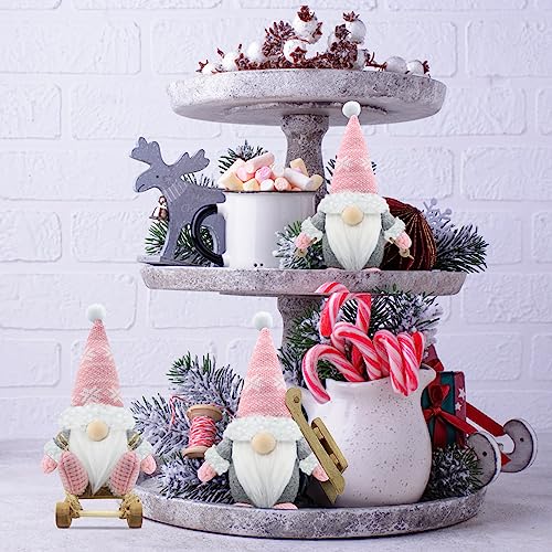 Gehydy Set of 3 Christmas Gnomes Decorations Handmade Sled Gnome Xmas Decor for Home Kitchen Farmhouse Tiered Tray - Pink - Image 4
