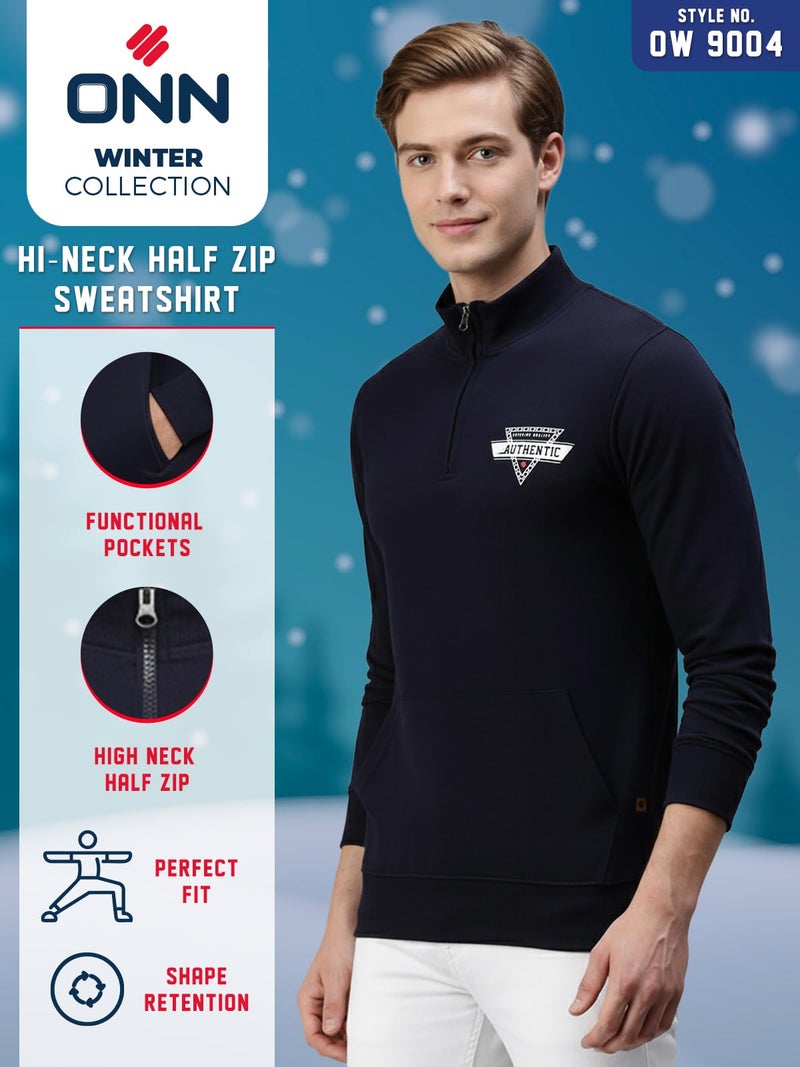 ONN Men's Cotton Solid Regular Fit Full Sleeve Hi-Neck Half Zip Sweatshirt 9004_BLK_S_1PC - Image 3