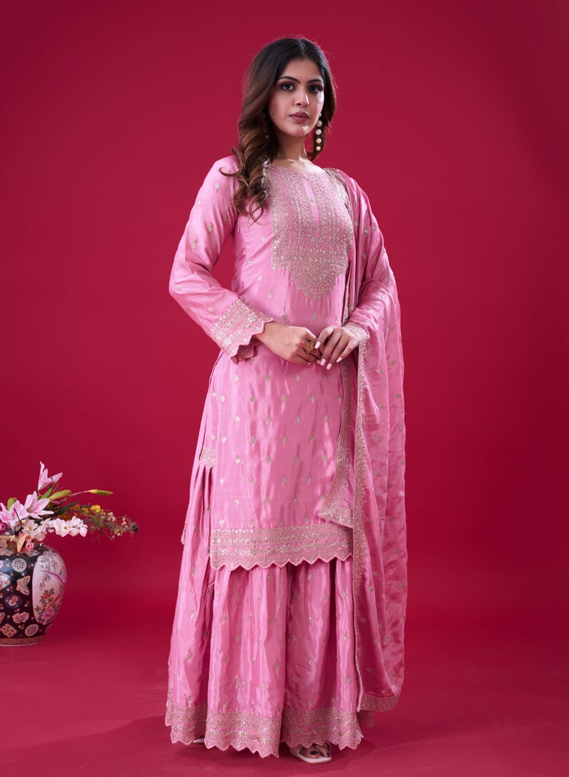 Super Asian Heavy Chinnon Silk Embroidered Sharara Set with Sequence Work and Lace-Trimmed Dupatta - Image 5