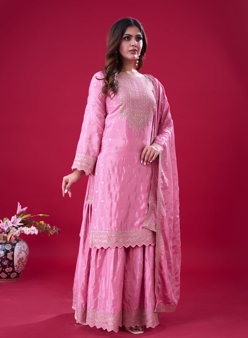 Super Asian Heavy Chinnon Silk Embroidered Sharara Set with Sequence Work and Lace-Trimmed Dupatta - Image 3