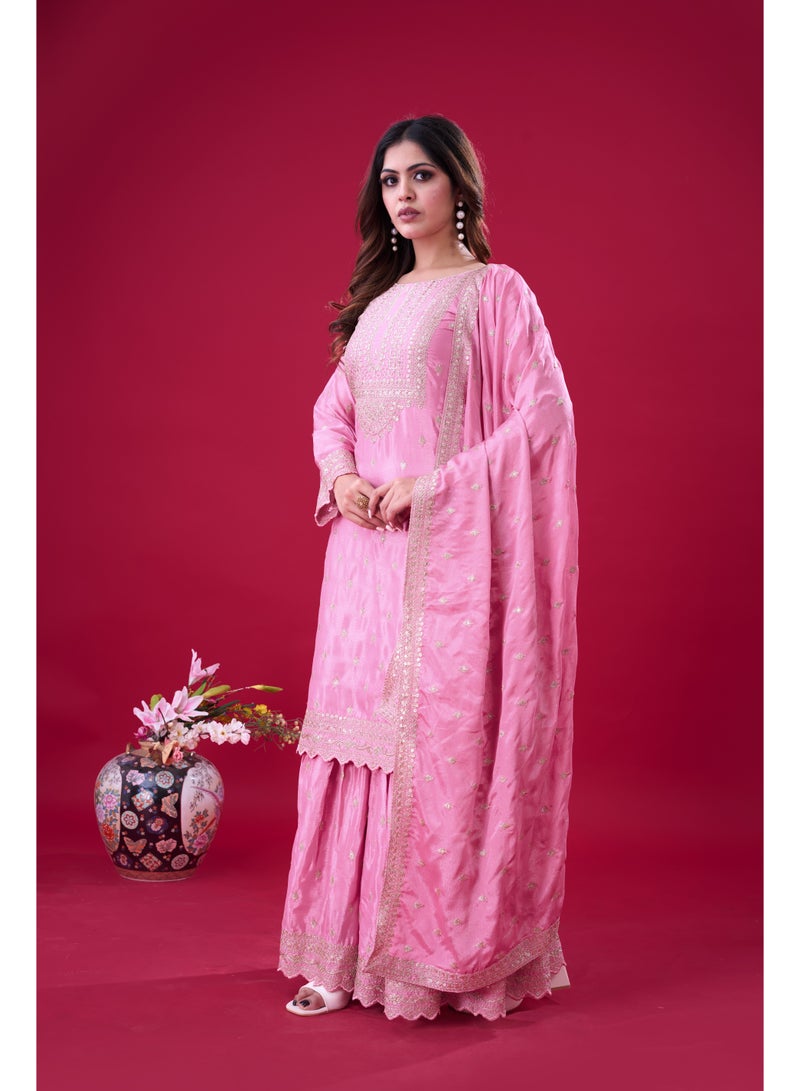 Super Asian Heavy Chinnon Silk Embroidered Sharara Set with Sequence Work and Lace-Trimmed Dupatta - Image 2