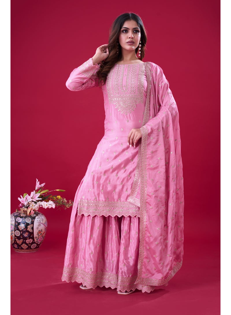 Super Asian Heavy Chinnon Silk Embroidered Sharara Set with Sequence Work and Lace-Trimmed Dupatta - Image 1