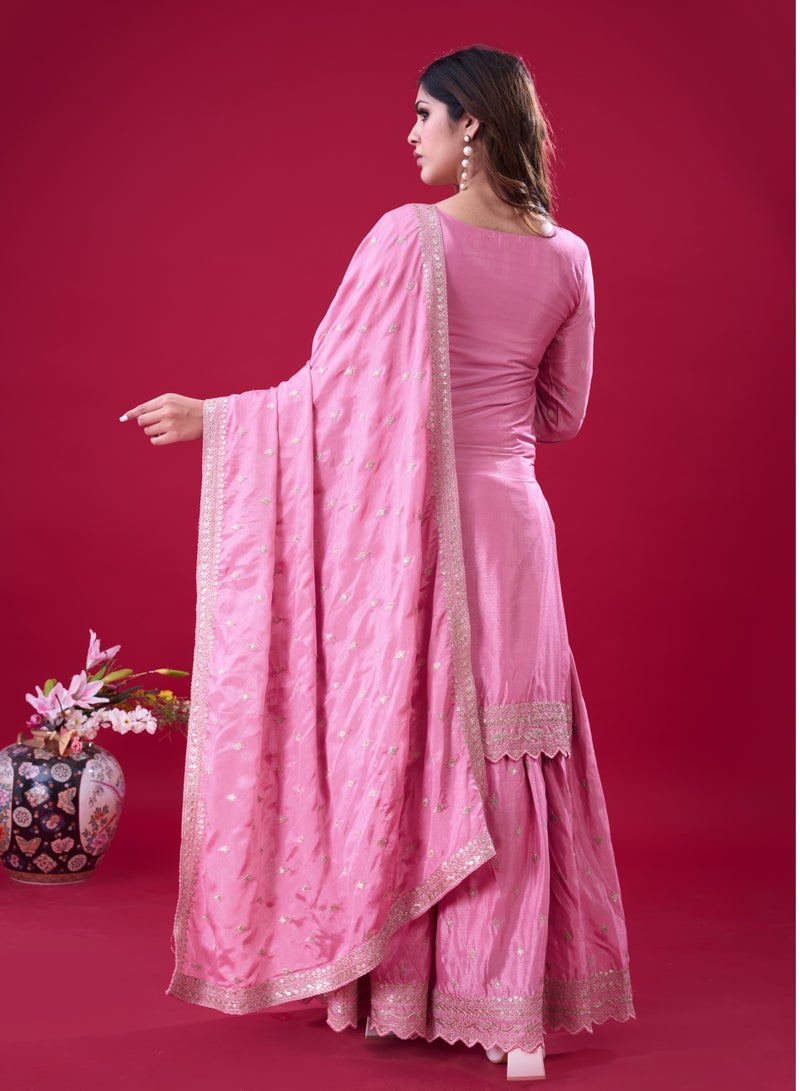 Super Asian Heavy Chinnon Silk Embroidered Sharara Set with Sequence Work and Lace-Trimmed Dupatta - Image 4