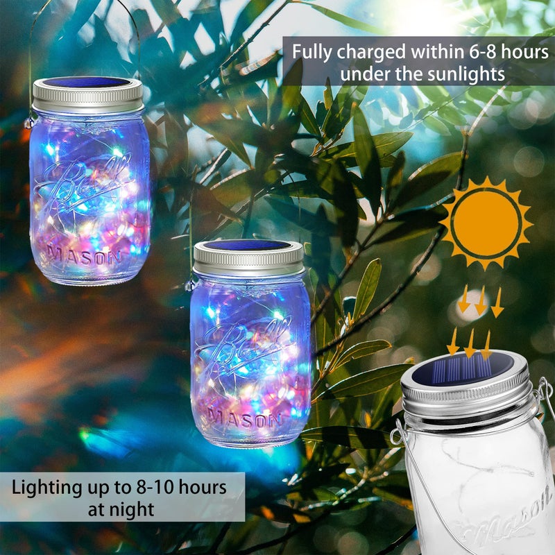 SmilingTown 30 LED 10 Packs Mason Jar Lights with Hangers Colorful Solar Mason Jar Lids Fairy String Light Outdoor for Patio Yard Garden Decor Christmas Wedding Party Lights (NO Jars) - Image 4