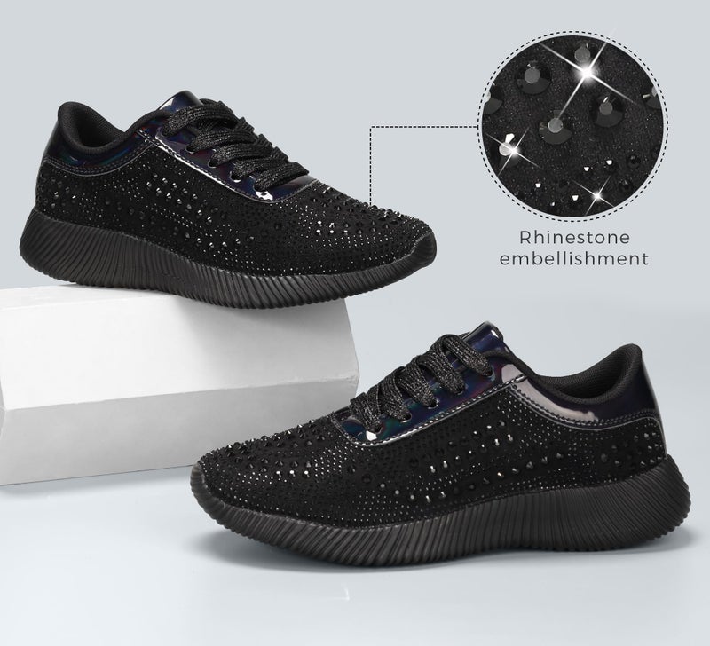 BELOS Women's Glitter Shoes Sparkly Lightweight Metallic Sequins Tennis Shoes(8.5, Black Rhinestone) - Image 3