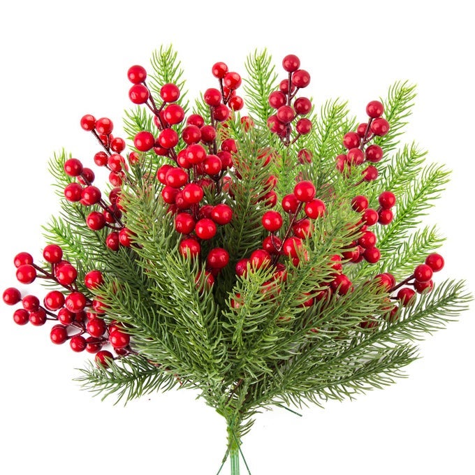 30 PIECES ARTIFICIAL PINE BRANCHES CHRISTMAS HOLLY BERRIES ARTIFICIAL RED BERRY STEMS FOR CHRISTMAS WREATH DECORATIONS XMAS TREE DECORATION