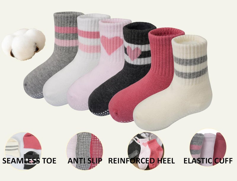 Wamvp Toddler Grip Socks with Non-Slip, Unisex Baby Retro Stripe Seamless Crew Ankle Cotton Socks for Girls Boys 6 Pairs,Pink 3-12Months - Image 5