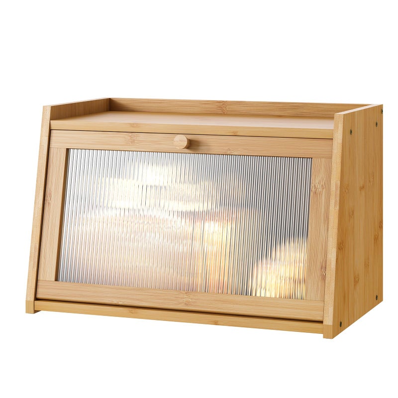 kiplant Bread Box for Kitchen Counter Large Bamboo Bread Storage Container with Wavy Arcylic Door Bamboo Wooden Farmhouse Bread Box for Your House Natural Medium