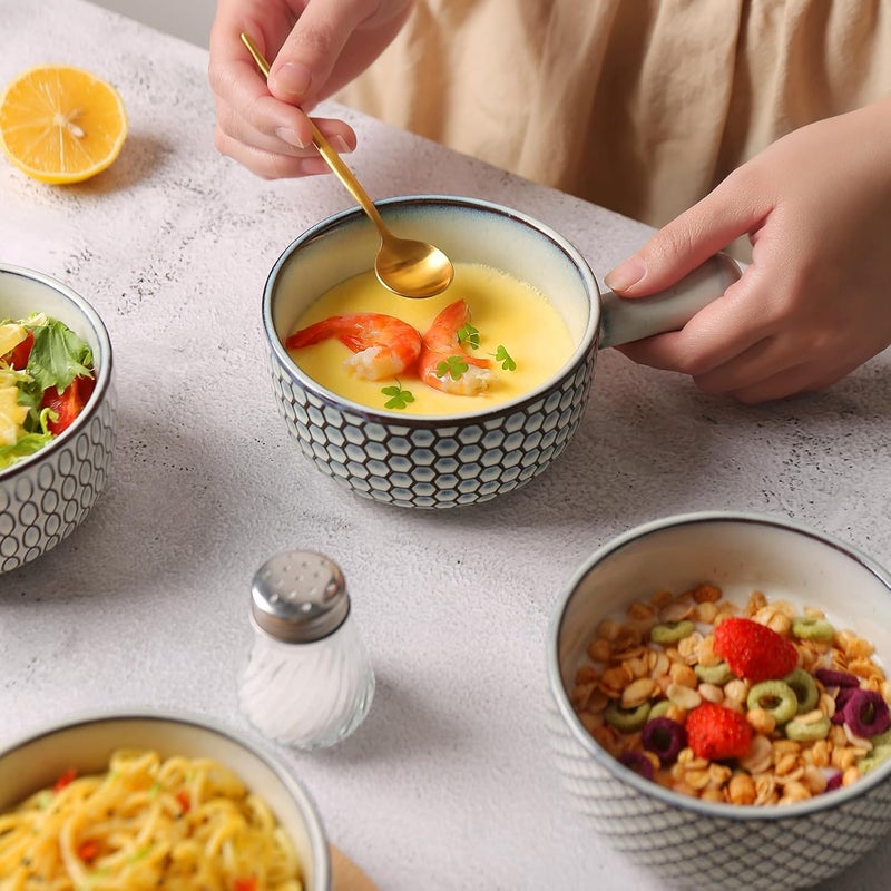 MONITO 16 Oz French Onion Soup Bowls With Handles, Stackable Ceramic Soup Crocks, Serving Bowls Set of 4, Oven/Microwave/Dishwasher Safe, for Chili, Beef Stew, Cereal, Pasta, White-blue - Image 5