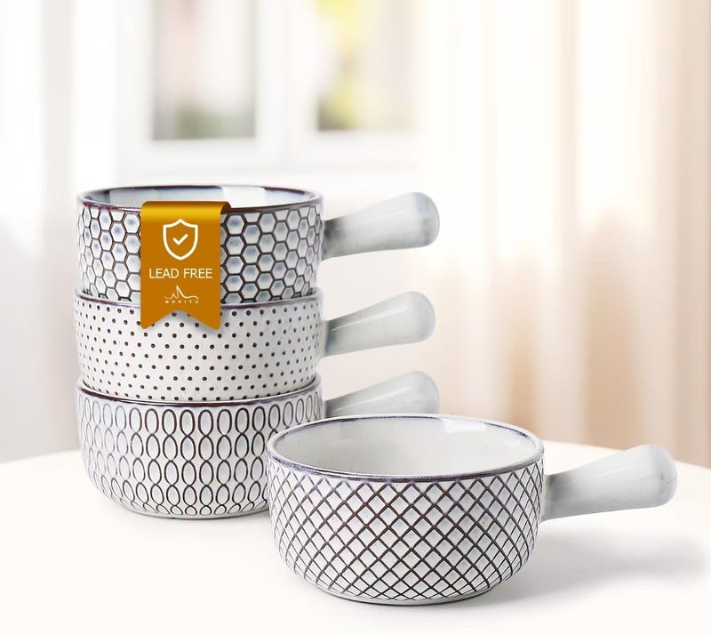 MONITO 16 Oz French Onion Soup Bowls With Handles, Stackable Ceramic Soup Crocks, Serving Bowls Set of 4, Oven/Microwave/Dishwasher Safe, for Chili, Beef Stew, Cereal, Pasta, White-blue - Image 1