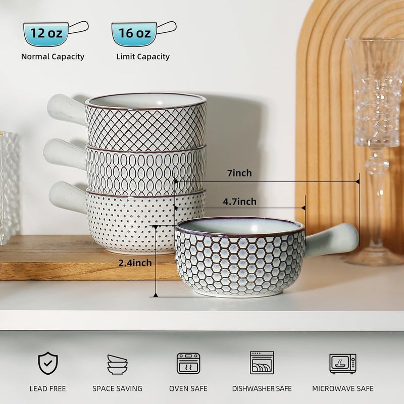 MONITO 16 Oz French Onion Soup Bowls With Handles, Stackable Ceramic Soup Crocks, Serving Bowls Set of 4, Oven/Microwave/Dishwasher Safe, for Chili, Beef Stew, Cereal, Pasta, White-blue - Image 2