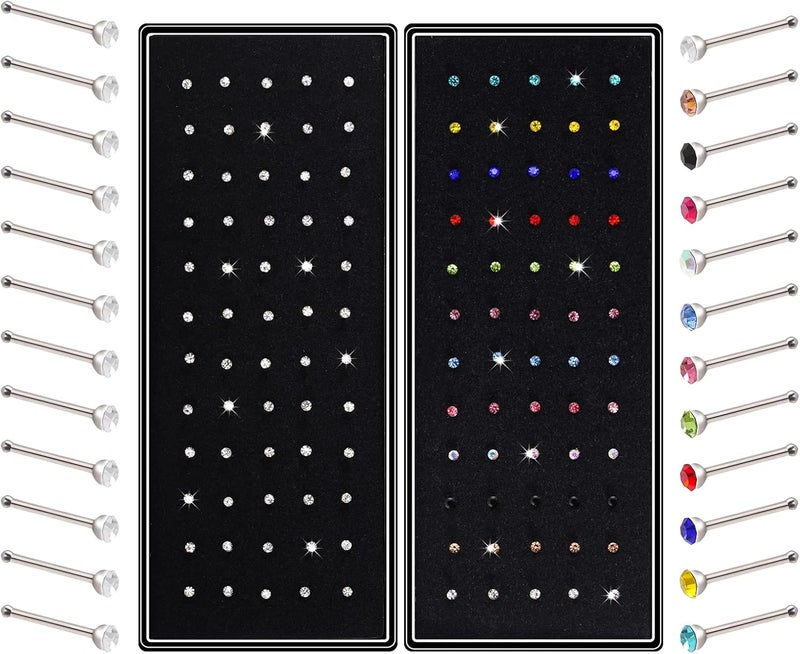 cnomg 2 Sets 120 pcs Stainless Steel Nose Ring Body Piercing Jewelry Nose Bone Stud Nose Hoop Crystal Hypoallergenic White+Multicolor - Image 1